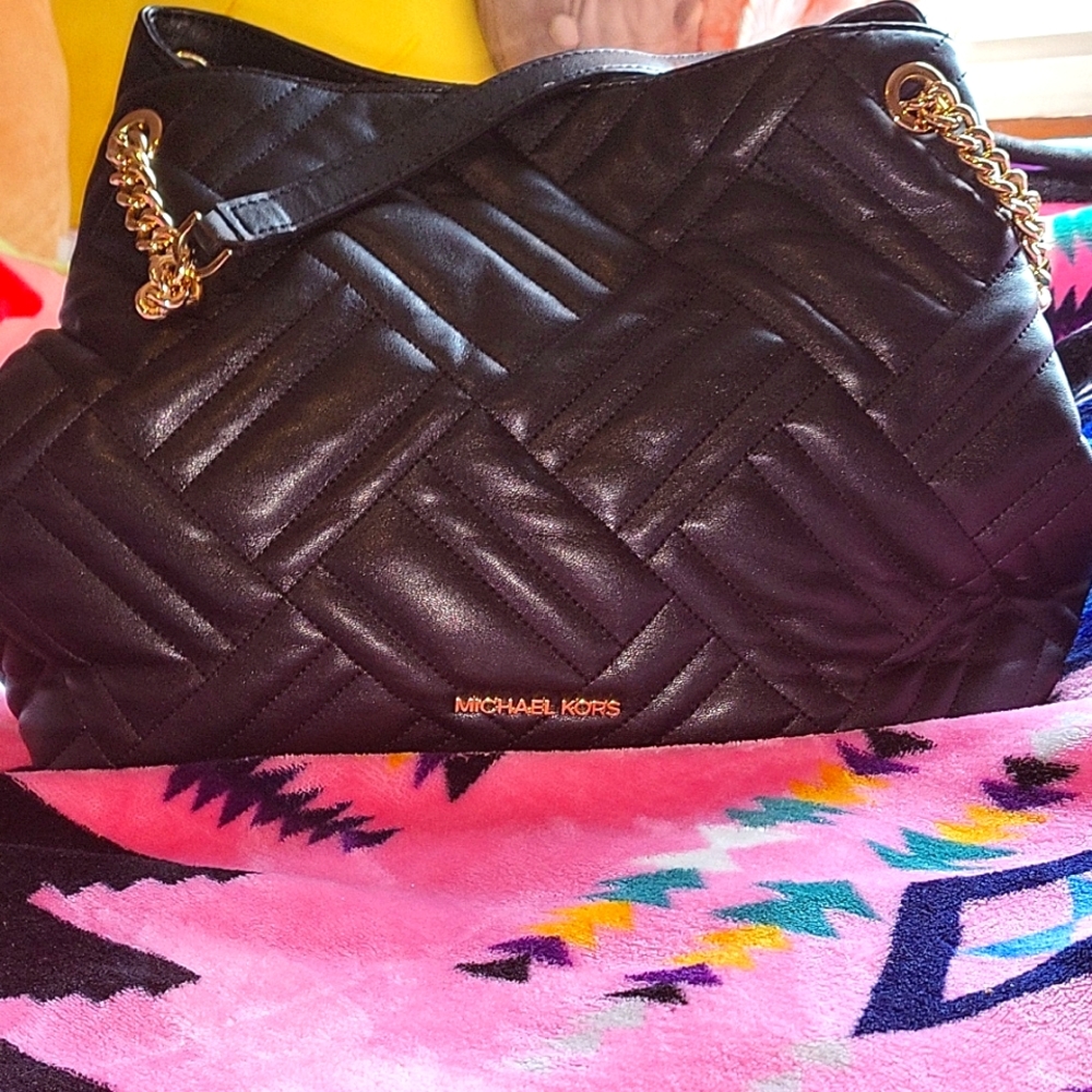 Michael Kors Black Quilted Shoulder Bag with Gold Chain
